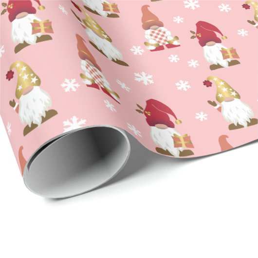 Cute Trendy Gnomes Winter Pink Red Rose Gold Cadeaupapier (Rol Hoek)