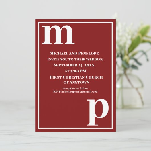 Cute Trendy Monogram Garnet Red Wedding Kaart (Staand voorkant)