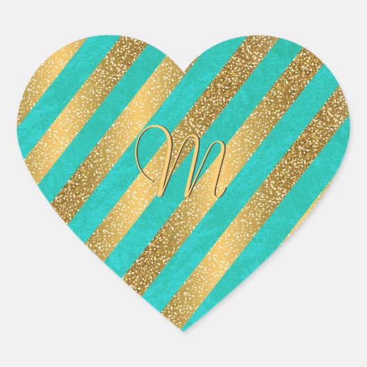 Cute trendy monogram strepen faux gold glitter hart sticker (Voorkant)