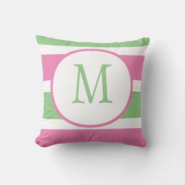 Cute Trendy Pink and Green Stripe Monogram Kussen (Voorkant)