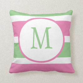 Cute Trendy Pink and Green Stripe Monogram Kussen