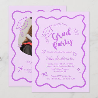 Cute Trendy Pink Wavy Border Graduation Invitation Aankondiging