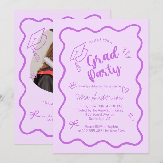 Cute Trendy Pink Wavy Border Graduation Invitation Aankondiging (Voorkant / Achterkant)