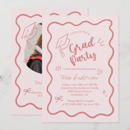 Cute Trendy Pink Wavy Border Graduation Invitation Aankondiging (Voorkant / Achterkant)