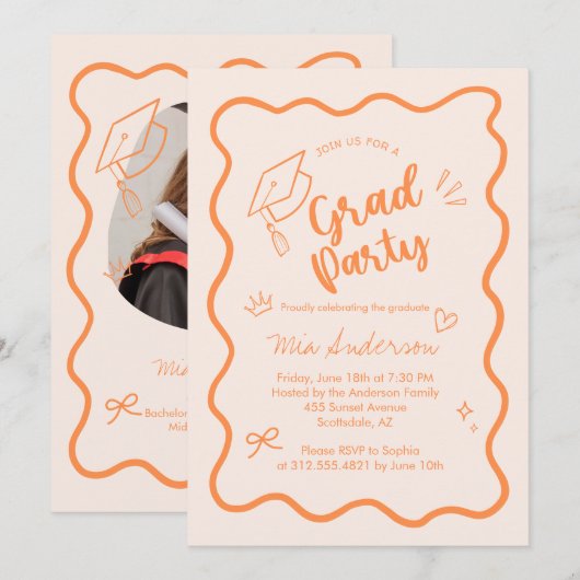 Cute Trendy Pink Wavy Border Graduation Invitation Aankondiging (Voorkant / Achterkant)