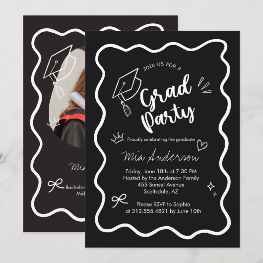 Cute Trendy Pink Wavy Border Graduation Invitation Aankondiging (Voorkant / Achterkant)