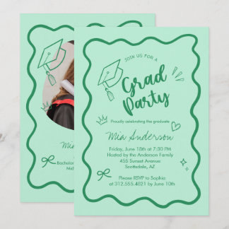 Cute Trendy Pink Wavy Border Graduation Invitation Aankondiging