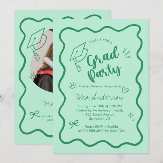 Cute Trendy Pink Wavy Border Graduation Invitation Aankondiging (Voorkant / Achterkant)
