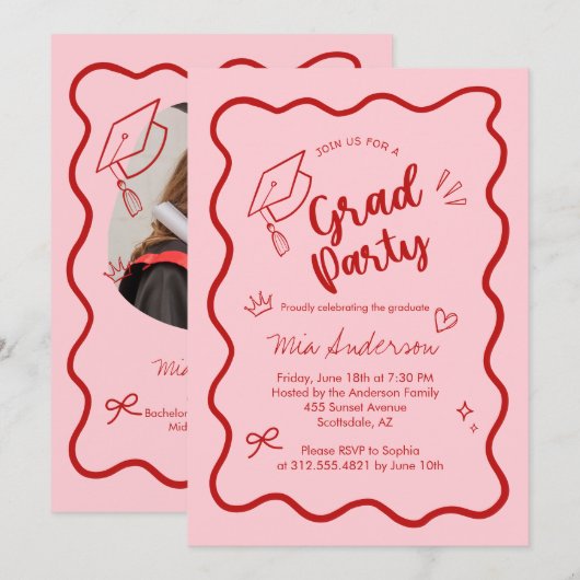 Cute Trendy Pink Wavy Border Graduation Invitation Aankondiging (Voorkant / Achterkant)