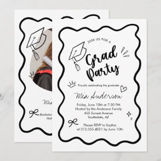 Cute Trendy Pink Wavy Border Graduation Invitation Aankondiging