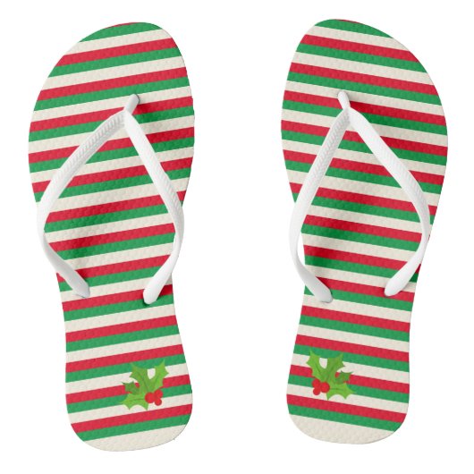 Cute Trendy Red en Green Stripe Kerstmis Holly Teenslippers (Voetbed)