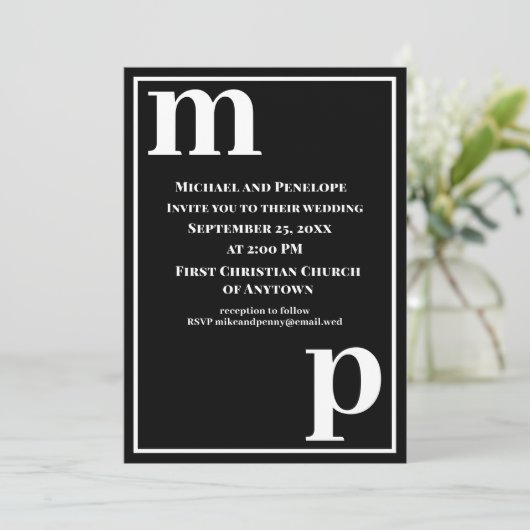 Cute Trendy Stylish Monogram Black Wedding Kaart (Staand voorkant)
