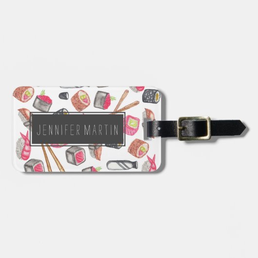 Cute Trendy Waterverf Sushi Sake en Chopsticks Bagagelabel (Voorkant horizontaal)