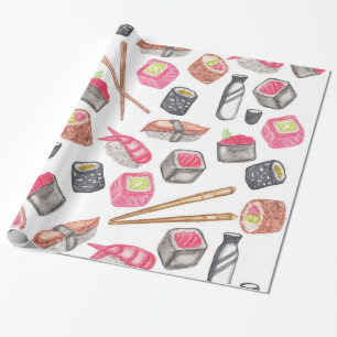 Cute Trendy Waterverf Sushi Sake en Chopsticks Cadeaupapier