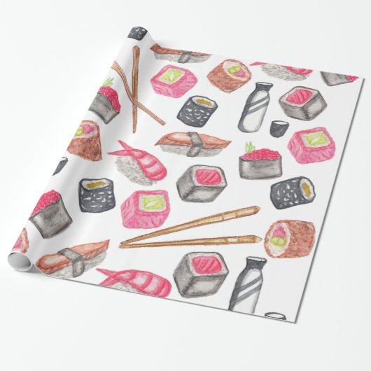 Cute Trendy Waterverf Sushi Sake en Chopsticks Cadeaupapier (Uitgerold)