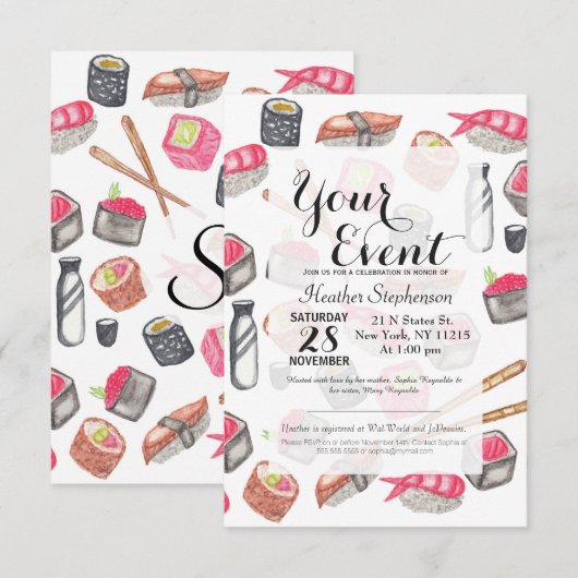 Cute Trendy Waterverf Sushi Sake en Chopsticks Kaart (Voorkant / Achterkant)