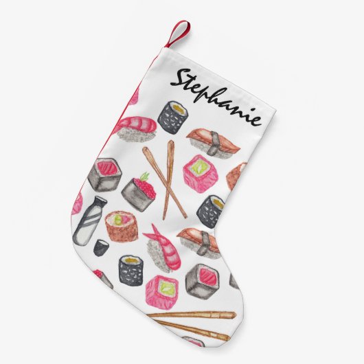 Cute Trendy Waterverf Sushi Sake en Chopsticks Kleine Kerstsok (Voorkant (Hangend))