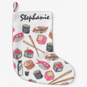 Cute Trendy Waterverf Sushi Sake en Chopsticks Kleine Kerstsok (Voorkant)