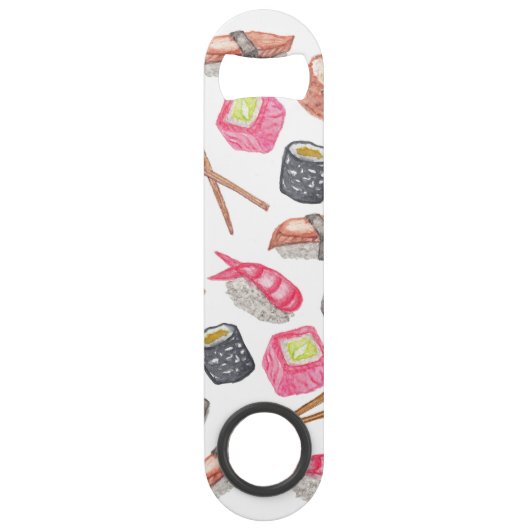 Cute Trendy Waterverf Sushi Sake en Chopsticks Speed Flessenopener (Voorkant)