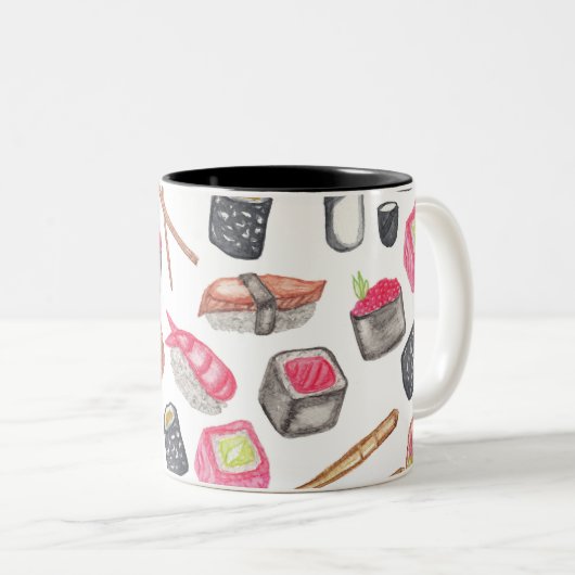 Cute Trendy Waterverf Sushi Sake en Chopsticks Tweekleurige Koffiemok (Voorkant rechts)