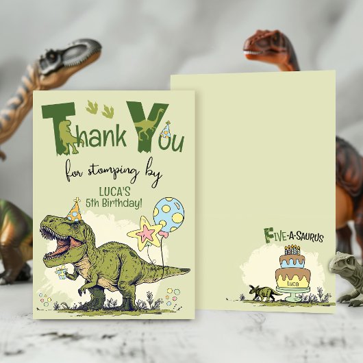 Cute TRex Dinosaur Five-Rex Boy 5th Birthday Party Bedankkaart
