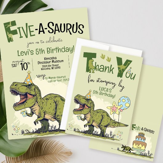 Cute TRex Dinosaur Five-Rex Boy 5th Birthday Party Bedankkaart