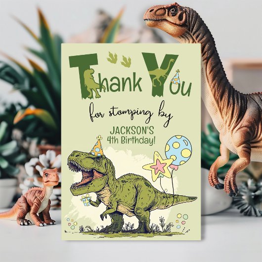 Cute TRex Dinosaur Four-Rex Boy 4th Birthday Party Bedankkaart