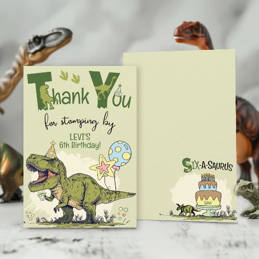 Cute TRex Dinosaur Six-A-Saurus 6th Birthday Party Bedankkaart