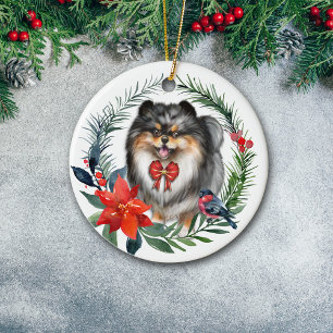 Cute Tri-Color Pomeranian Waterverf Poinsettia Keramisch Ornament