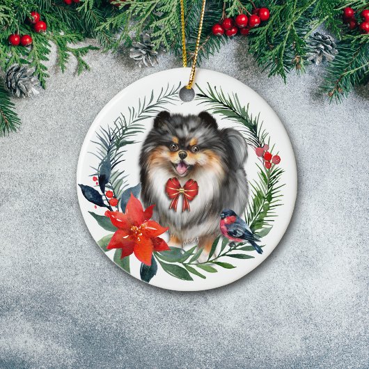 Cute Tri-Color Pomeranian Waterverf Poinsettia Keramisch Ornament