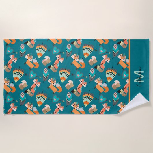 Cute Tribal Fox Pattern Monogram Strandlaken (Voorkant)