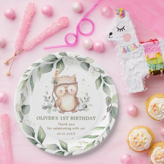 Cute Tribal Owl Chic Greenery 1st Birthday Baby Papieren Bordje (Feest)