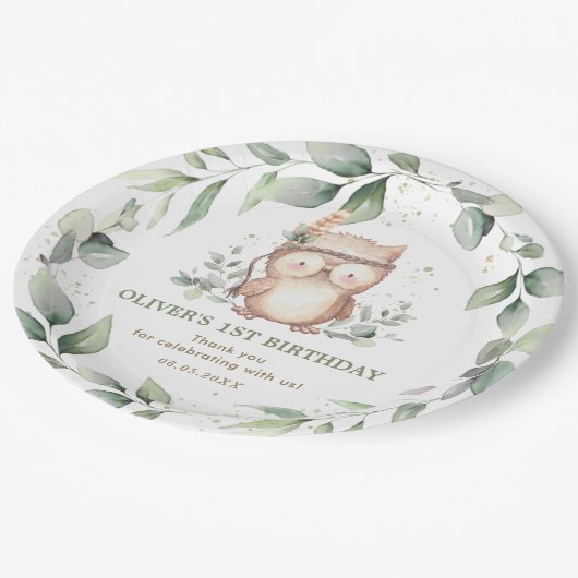 Cute Tribal Owl Chic Greenery 1st Birthday Baby Papieren Bordje (Gekanteld)