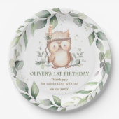 Cute Tribal Owl Chic Greenery 1st Birthday Baby Papieren Bordje (Voorkant)