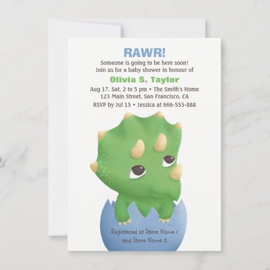 Cute Triceratops Dinosaur Baby Shower Invitations Kaart (Voorkant)