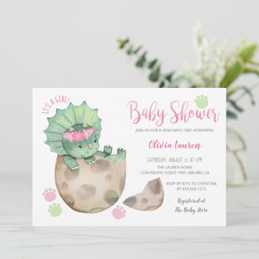Cute Triceratops Dinosaur Tracks Girl Baby shower Kaart (Staand voorkant)