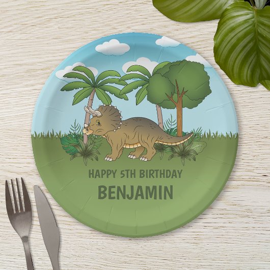 Cute Triceratops Dinosaur Tropical Kind Birthday Papieren Bordje