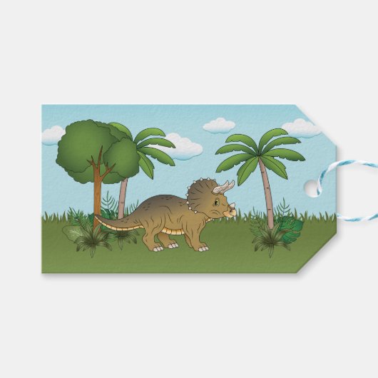 Cute Triceratops Dinosaur Tropical Palm Tree Cadeaulabel (Voorkant (Horizontaal))