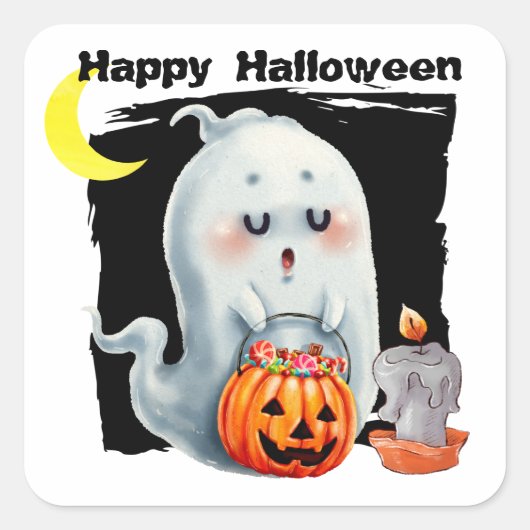 Cute Trick of Treing Ghost Kinder Halloween Vierkante Sticker (Voorkant)