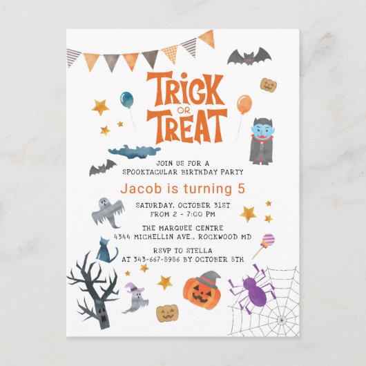 Cute Trick or treat Halloween 5e verjaardag Uitnodiging Briefkaart (Voorkant)