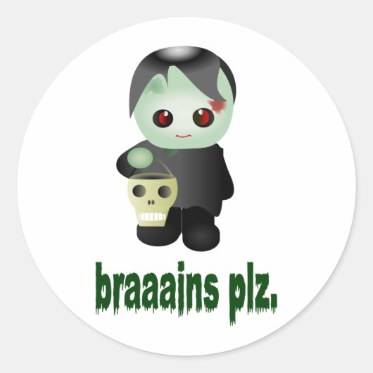 Cute Trick-or-Treating Zombie - "brain plz" Ronde Sticker (Voorkant)