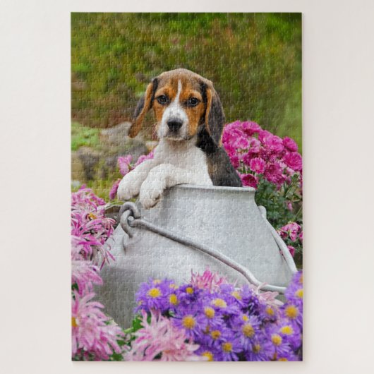 Cute Tricolor Beagle Dog Puppy in Churn - Jigzaag Legpuzzel (Verticaal)