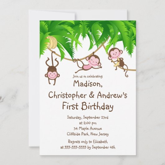 Cute Triplets Monkey Birthday Party Invitations Kaart (Voorkant)