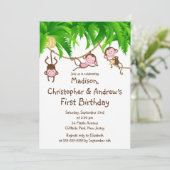 Cute Triplets Monkey Birthday Party Invitations Kaart (Staand voorkant)