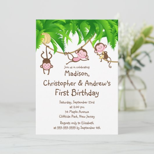 Cute Triplets Monkey Birthday Party Invitations Kaart (Staand voorkant)
