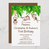 Cute Triplets Monkey Birthday Party Invitations Kaart (Voorkant / Achterkant)