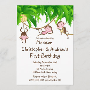 Cute Triplets Monkey Birthday Party Invitations Kaart
