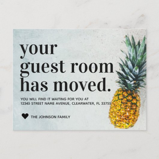 Cute Tropical Beach Pineapple Guest Room Moving Aankondigingskaart (Voorkant)