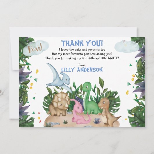 Cute Tropical Dinosaurs Oerwoud Greenery Birthday Bedankkaart (Voorkant)
