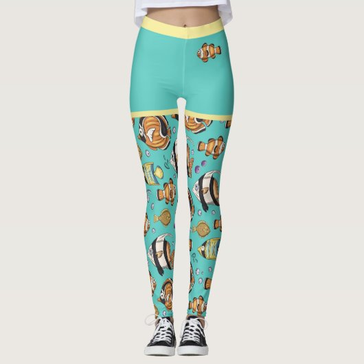 Cute Tropical Fish Swimming Beach Mural Aquarium Leggings (Voorkant)